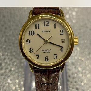 Ladies ***^ Timex Gold Case with Brown Strap Watch